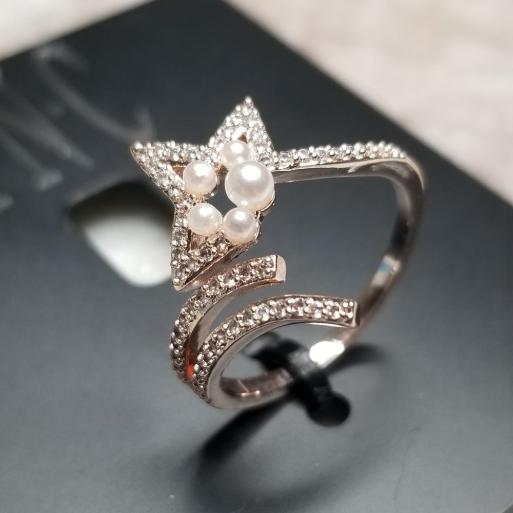 INC International Concepts Rose Gold-Tone Pave Imitation Pearl Star Ring Size 7